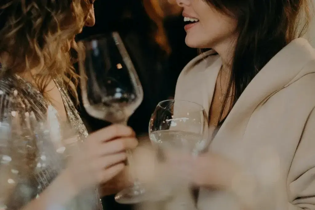 Two guests toasting with wine glasses