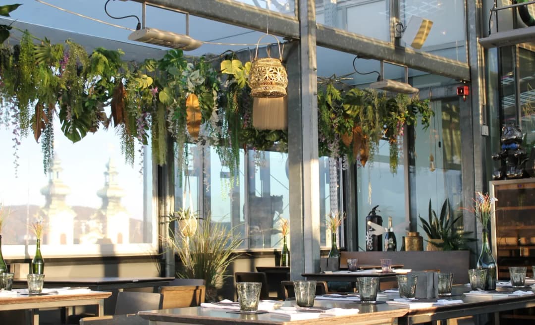 Laid tables and hanging plants on the glazed rooftop terrace at Rooftop7