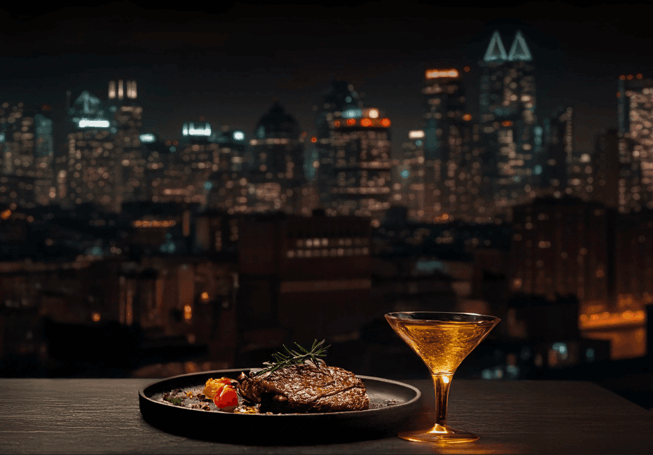 Steak and cocktail in front of a night-time city skyline